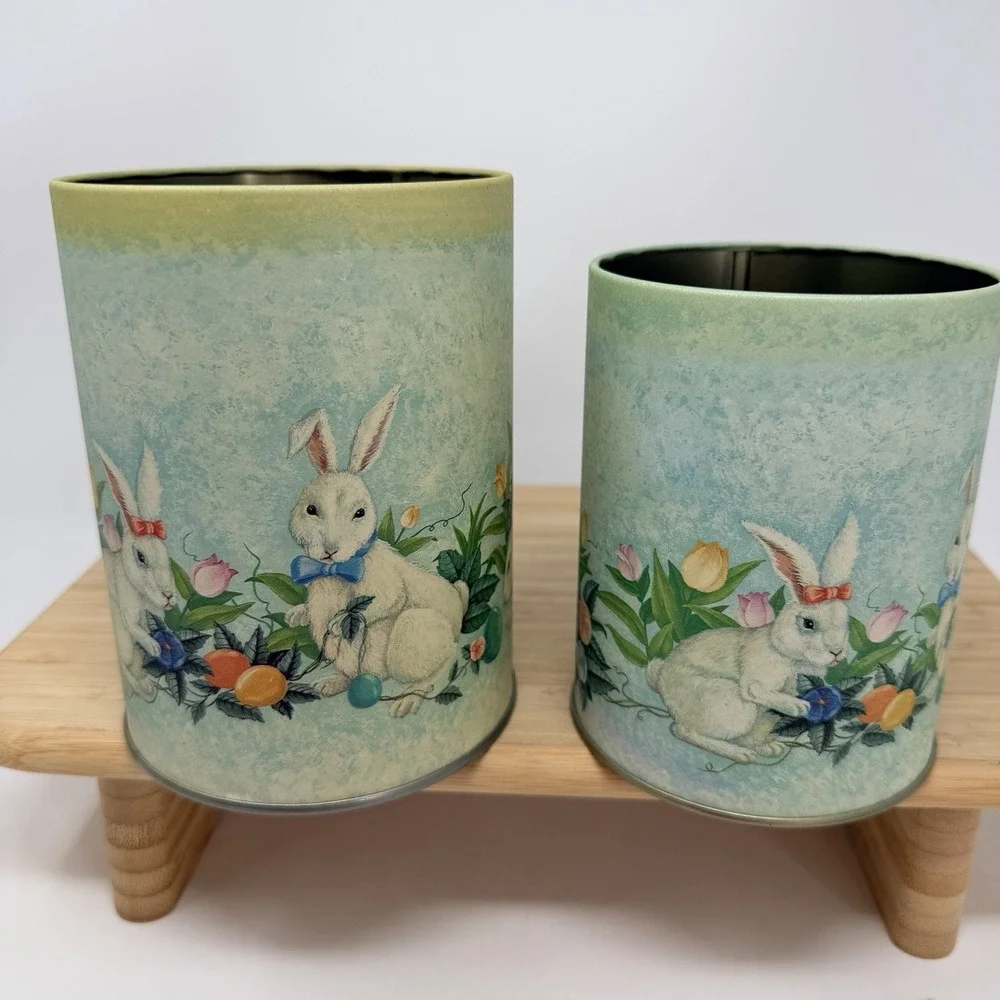 Vintage Easter Bunny Rabbit Nesting Tins Set of 2 Spring Floral Cottagecore
